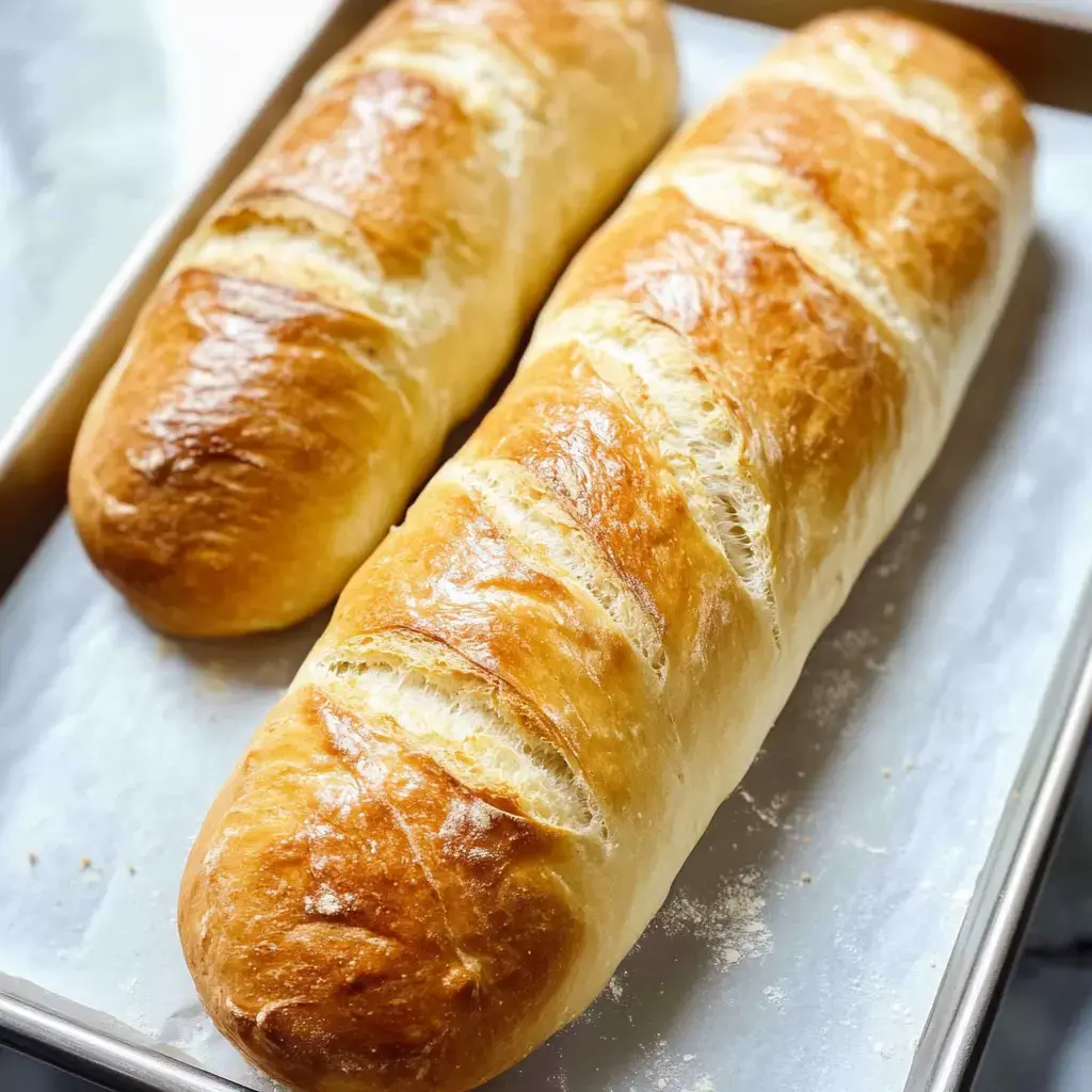 Two freshly baked loaves of golden bread sit on a baking tray lined with parchment paper.