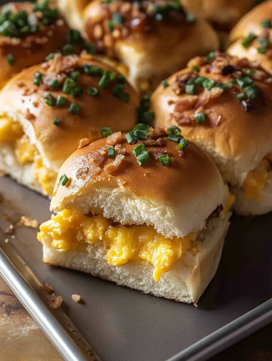 A close-up of cheesy sliders topped with chopped chives and crispy bacon on a baking tray.