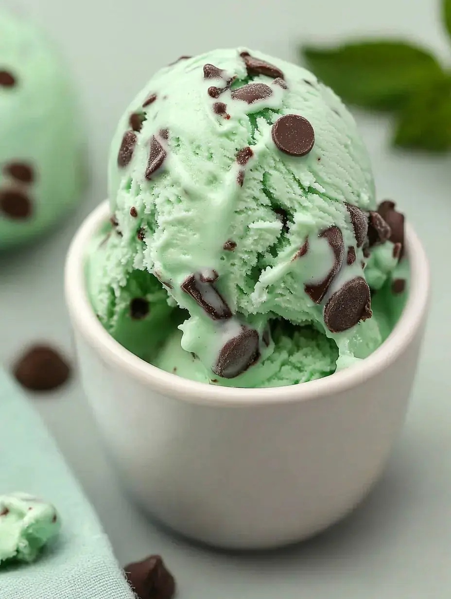 A close-up of a scoop of mint chocolate chip ice cream with chocolate chips, served in a small white cup.