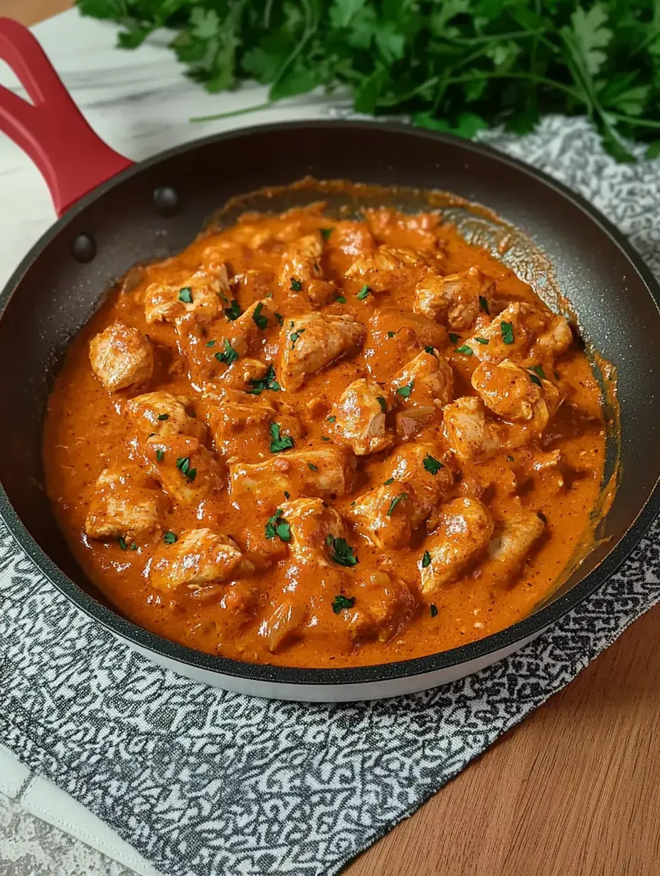 A close-up of a skillet containing chicken pieces coated in a creamy orange sauce, garnished with fresh parsley.