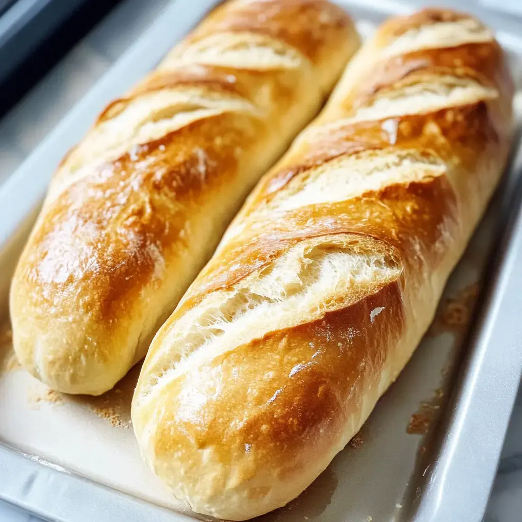 Two golden-brown loaves of freshly baked bread are arranged side by side on a baking tray.