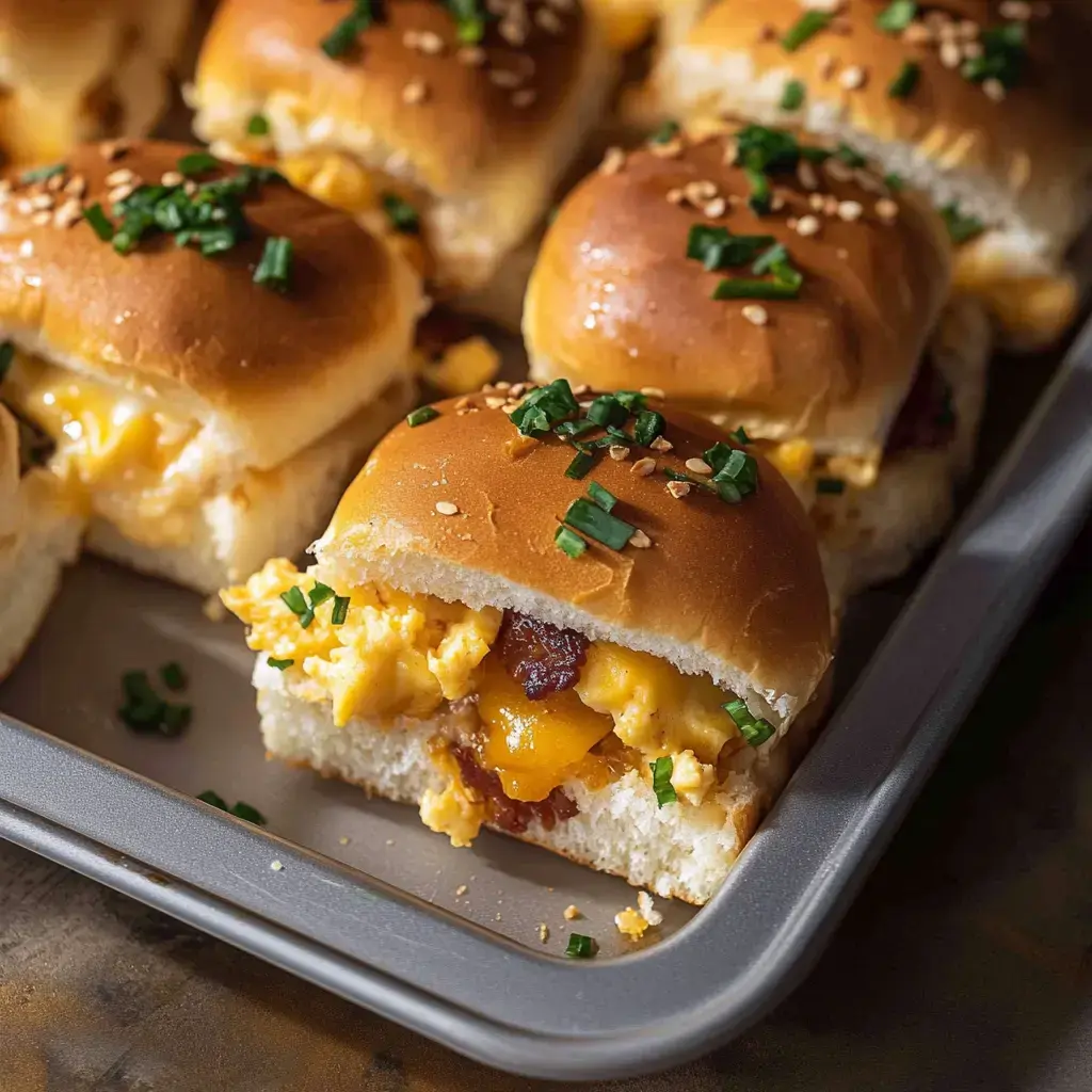 A close-up of a tray of miniature breakfast sliders filled with scrambled eggs, cheese, and bacon, topped with sesame seeds and chopped chives.