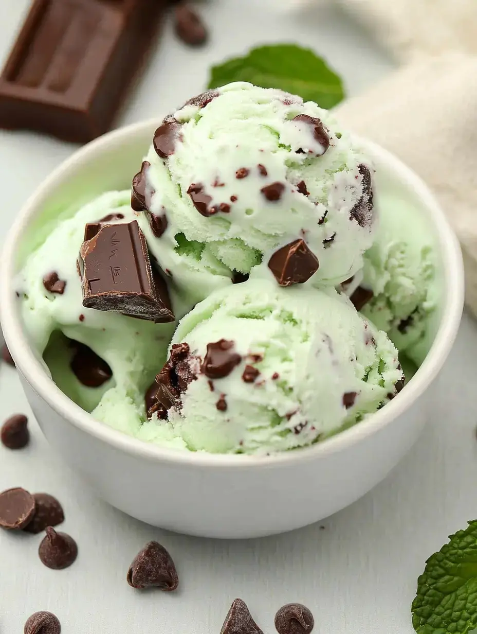 A bowl of mint chocolate chip ice cream is topped with chocolate chunks, surrounded by chocolate chips and fresh mint leaves.