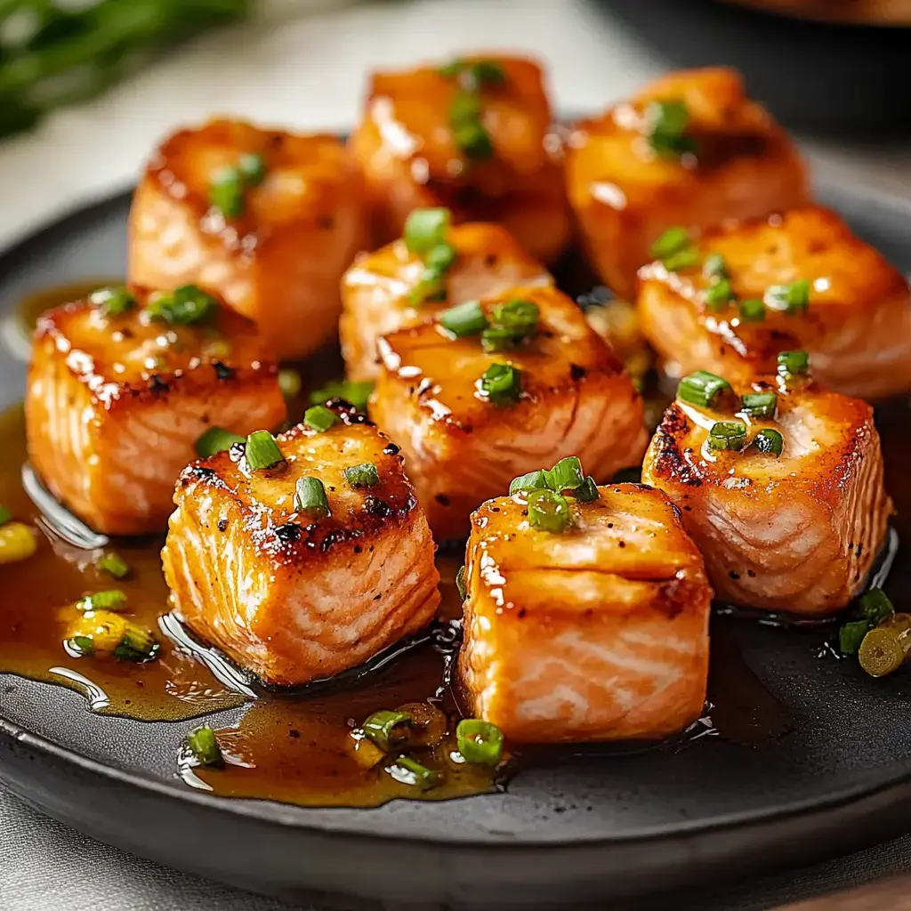 A plate of glazed salmon cubes garnished with chopped green onions.