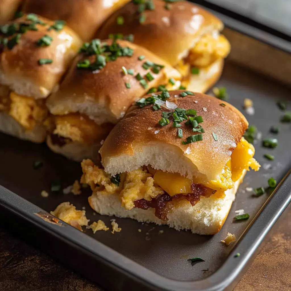 A close-up of a tray of sandwich rolls filled with scrambled eggs and cheese, topped with chopped chives.