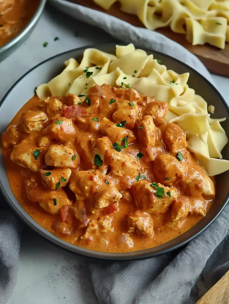 A bowl of creamy chicken dish accompanied by wide egg noodles, garnished with parsley.