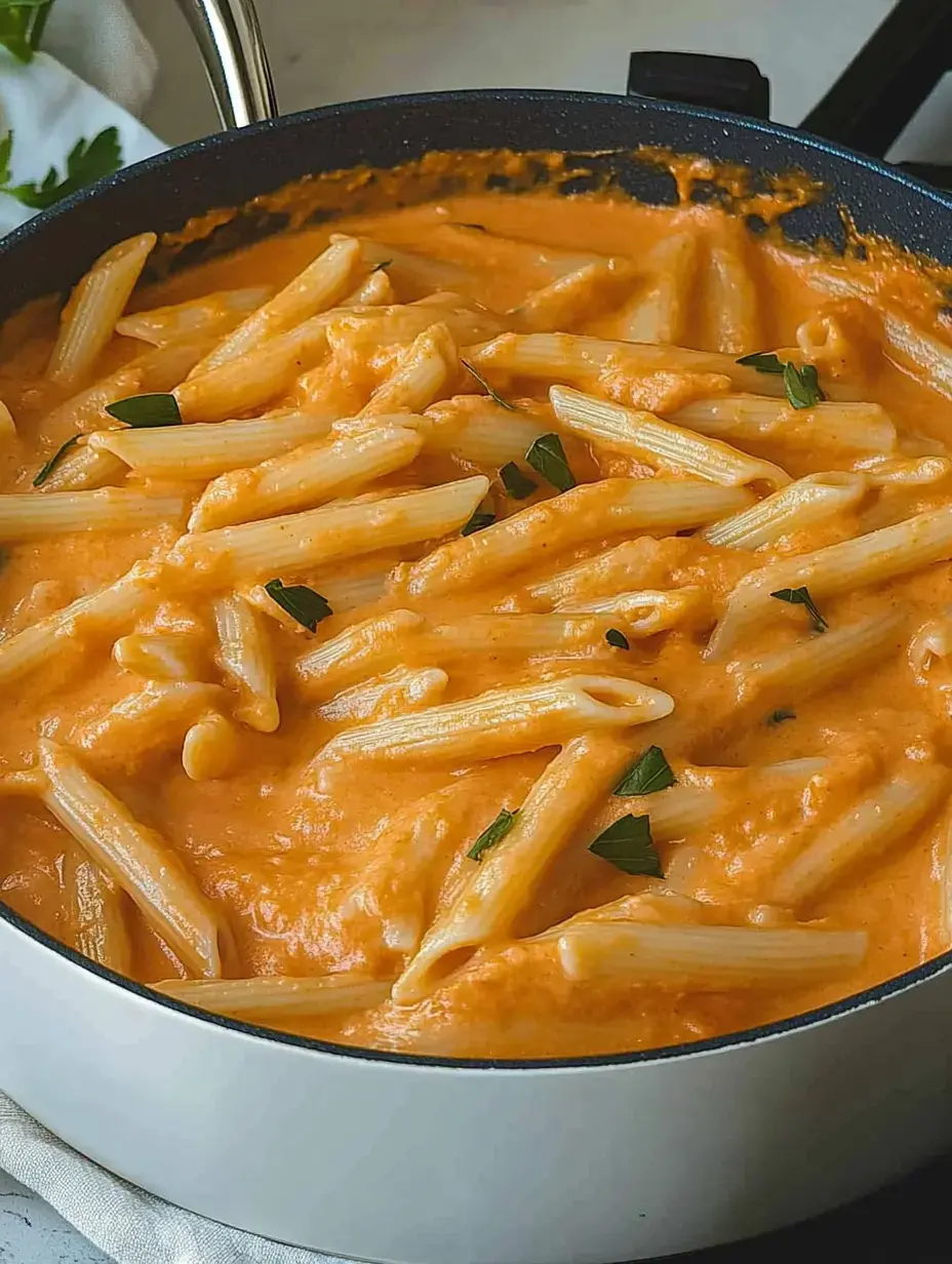 A close-up view of a creamy, orange pasta dish with penne noodles garnished with green herbs in a black skillet.