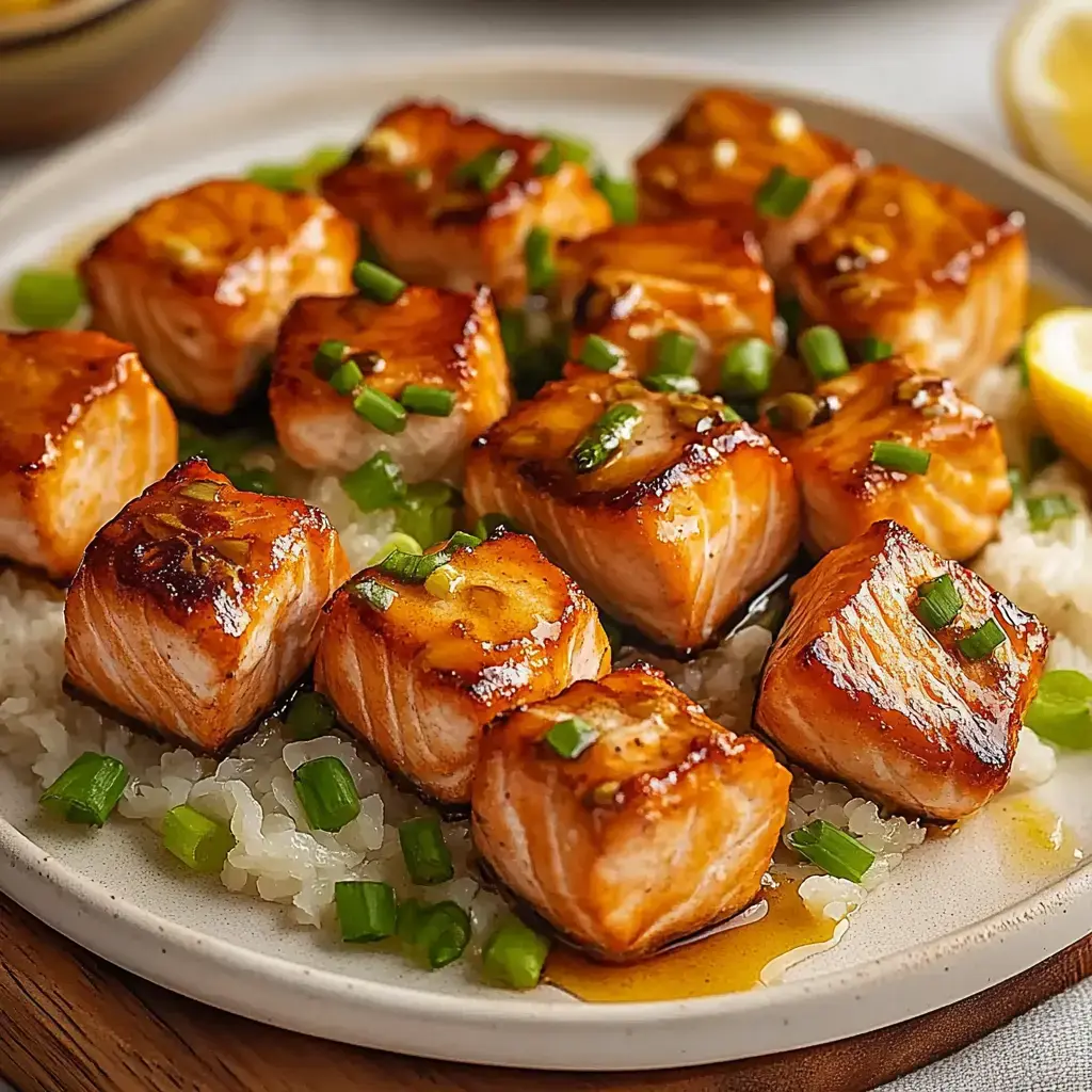 A plate of tender, glazed salmon cubes topped with green onions, served over a bed of rice with a lemon wedge on the side.