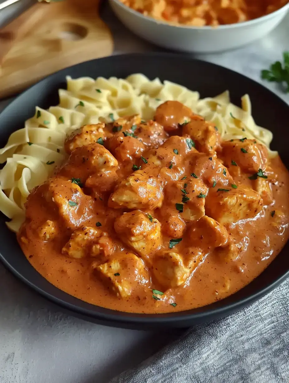 A black bowl filled with creamy chicken in sauce over a bed of egg noodles, garnished with parsley.