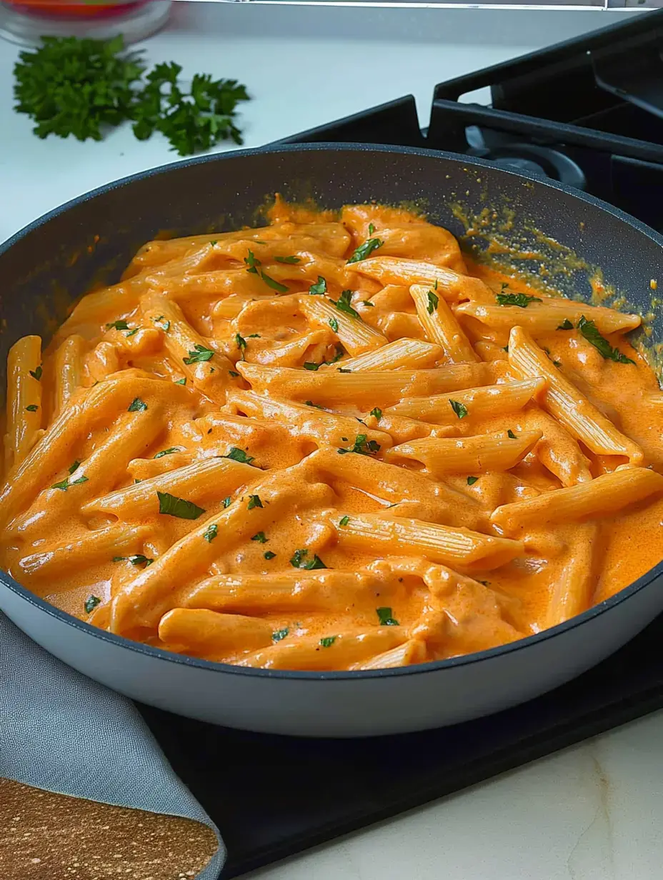 A creamy penne pasta dish garnished with chopped parsley in a skillet.