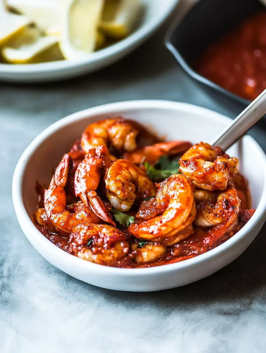 A bowl of shrimp coated in a vibrant red sauce, garnished with fresh herbs, accompanied by lemon wedges and a small bowl of additional sauce.