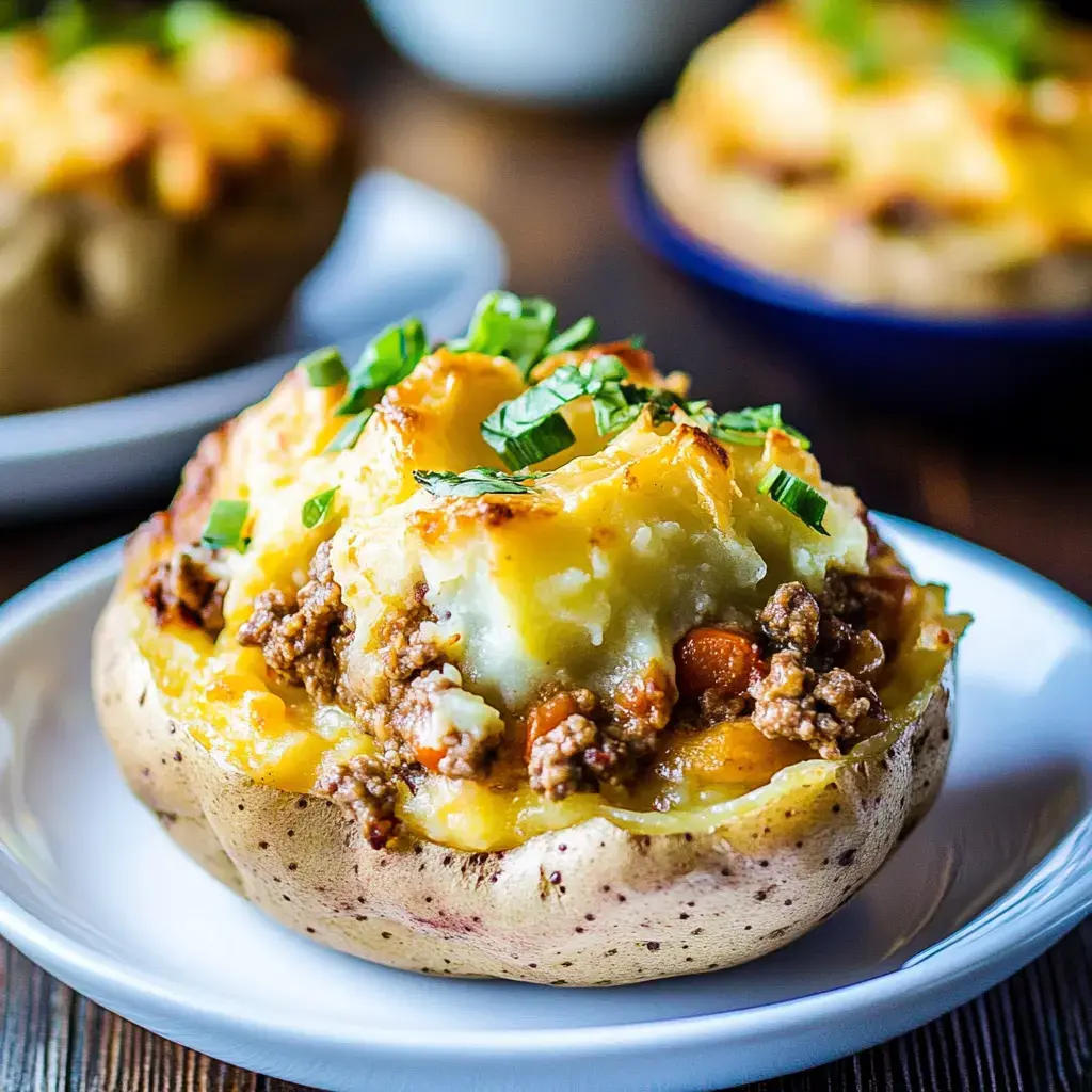 A loaded baked potato topped with ground meat, cheese, and green onions.