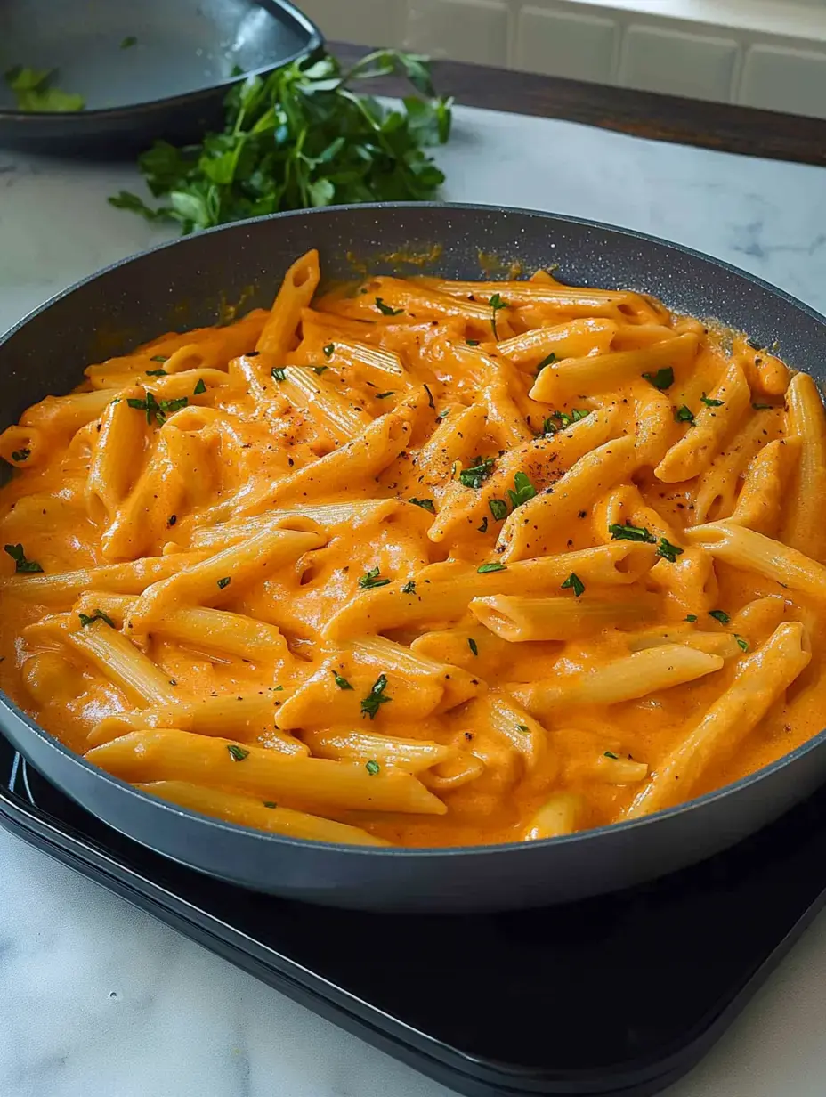 A close-up view of penne pasta coated in a creamy orange sauce, garnished with parsley, in a black frying pan.