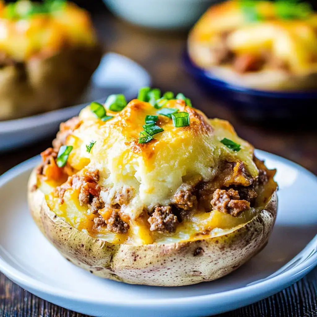 A loaded baked potato topped with melted cheese and green onion, filled with seasoned meat and mashed potato.