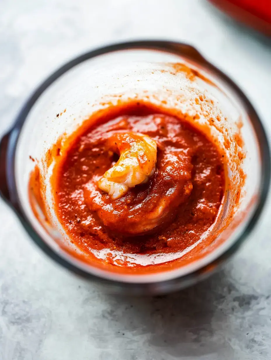 A close-up view of a glass container filled with red sauce and a single shrimp resting on top.