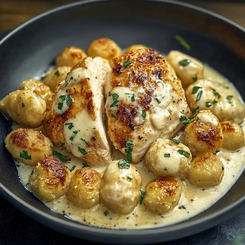 A plate of sliced, pan-seared chicken breast served with creamy sauce and golden-brown gnocchi, garnished with fresh herbs.