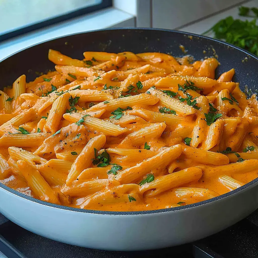 A creamy pasta dish with penne noodles garnished with chopped parsley in a skillet.