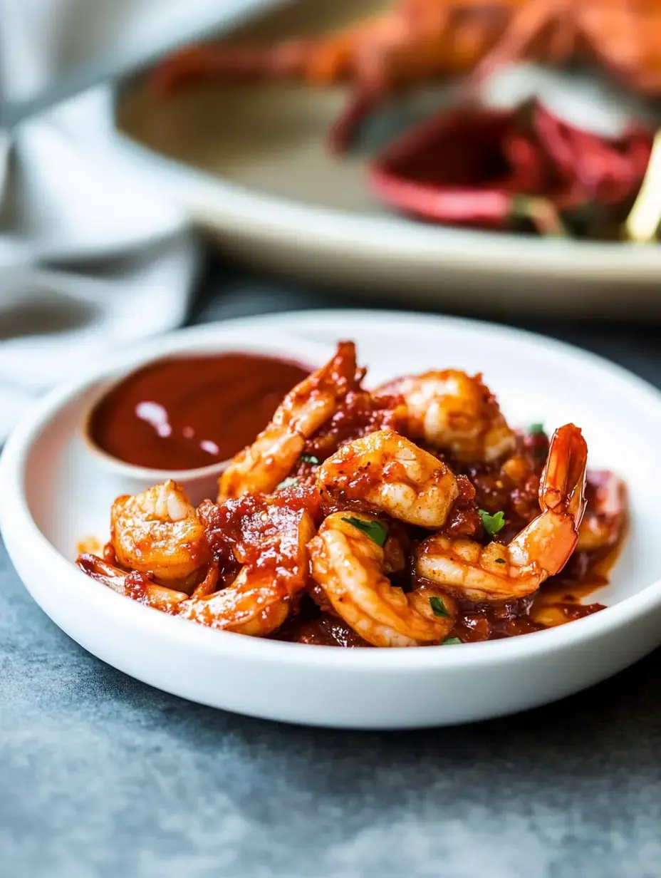 A close-up of a white bowl filled with shrimp coated in a reddish sauce, accompanied by a small dish of dipping sauce.