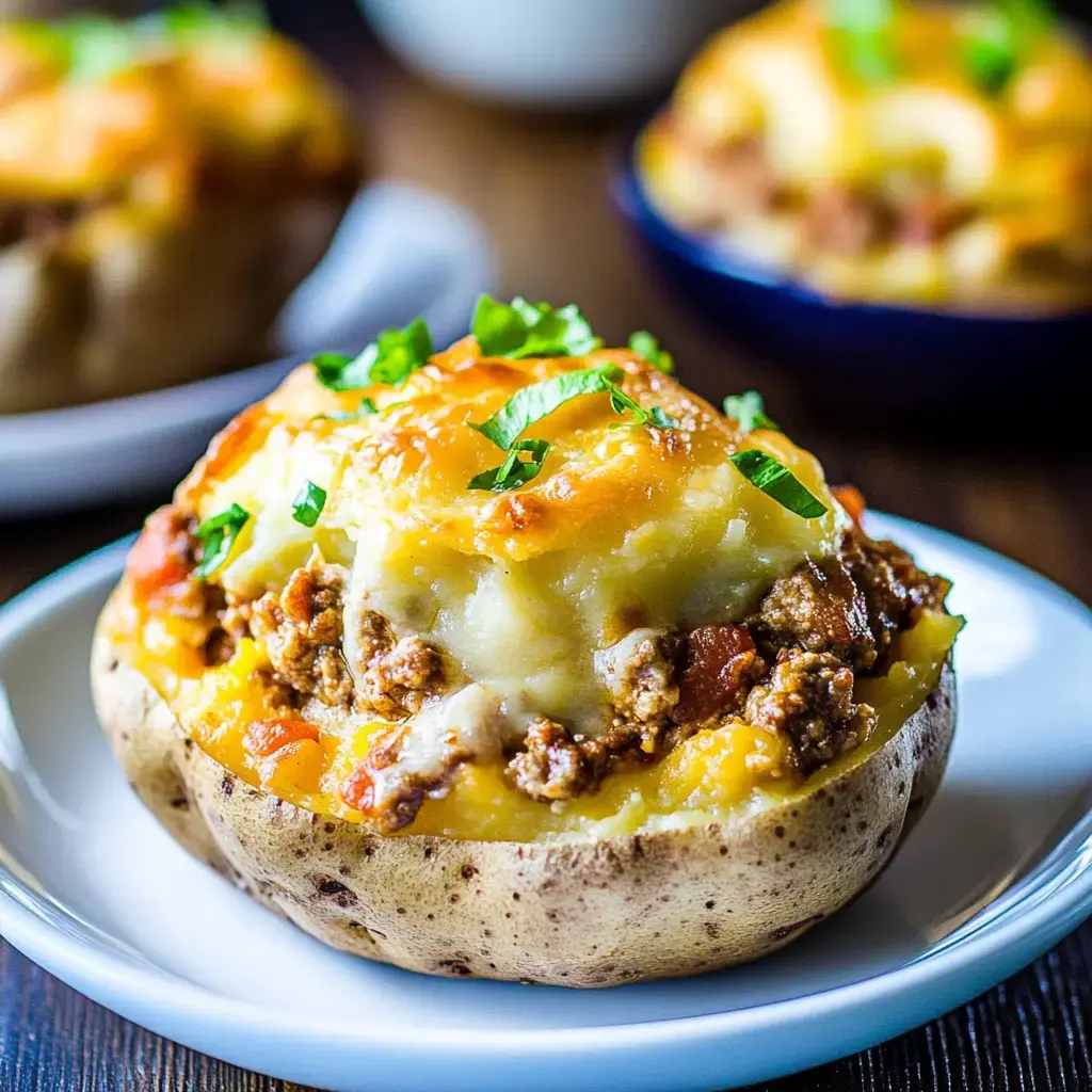 A close-up of a loaded baked potato topped with cheese, mashed potatoes, seasoned meat, and garnished with chopped herbs.