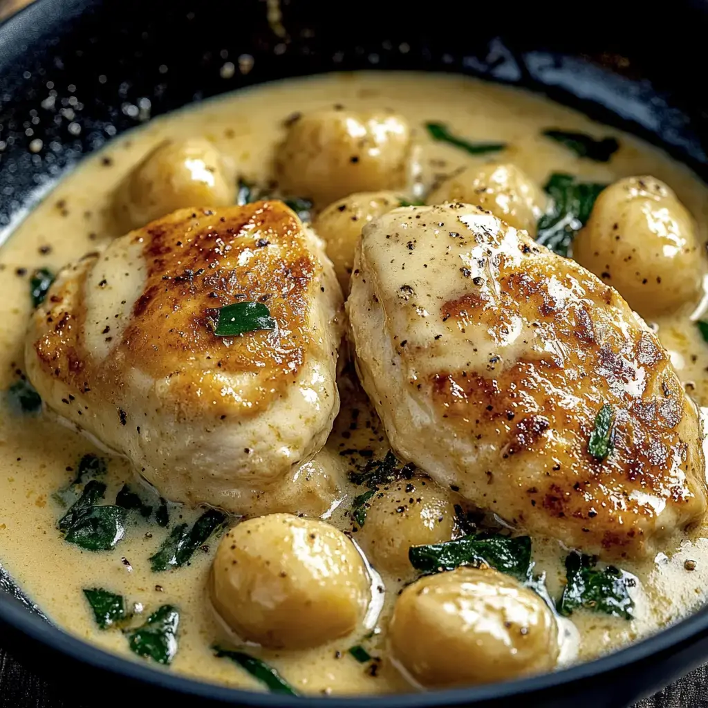 A close-up of two golden-brown chicken breasts in a creamy sauce with baby potatoes and fresh herbs.