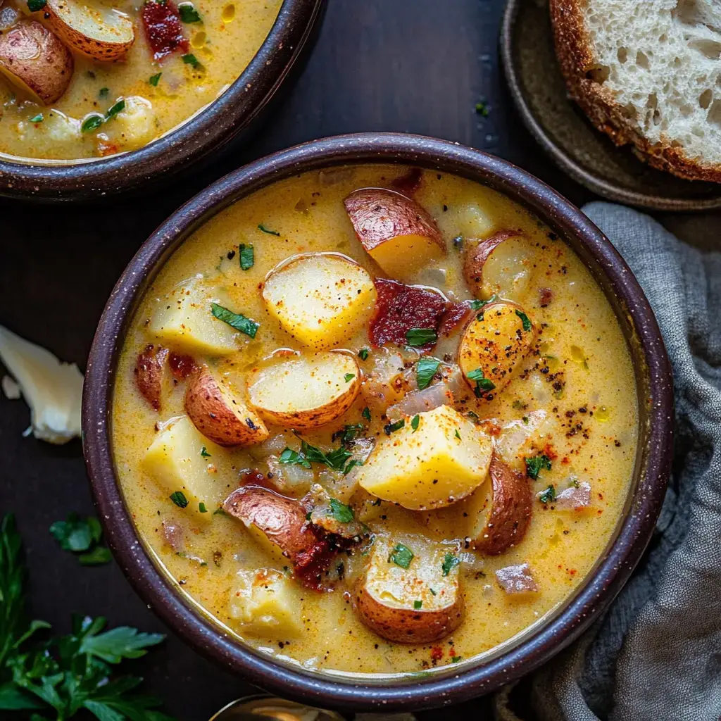 A close-up view of two bowls of creamy potato soup garnished with herbs and spices, accompanied by a piece of bread on the side.