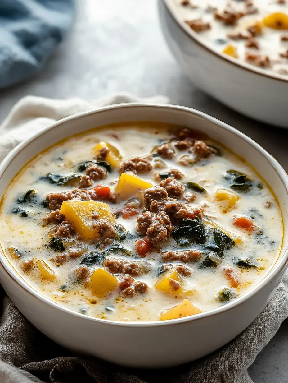 A bowl of creamy soup filled with ground beef, diced potatoes, spinach, and colorful vegetables.