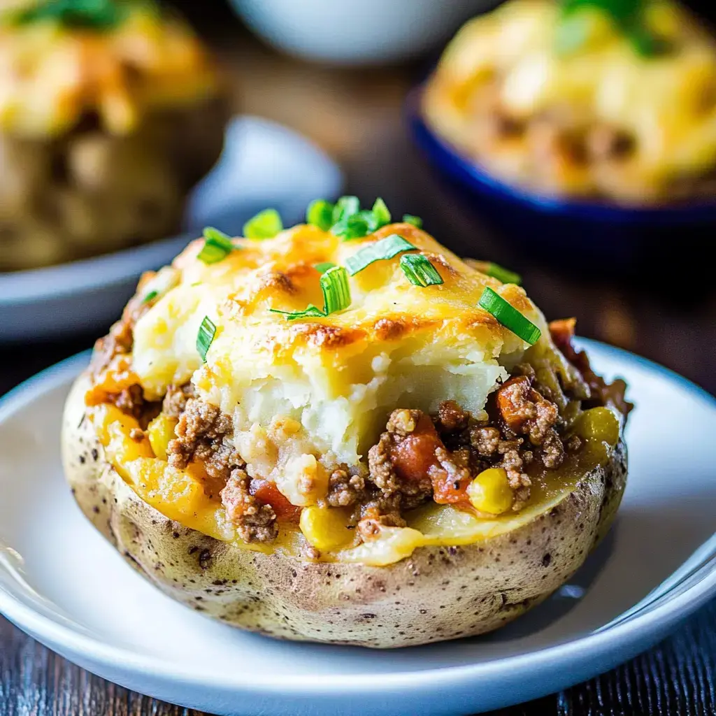 A baked potato is topped with ground beef, vegetables, and melted cheese, garnished with green onions.