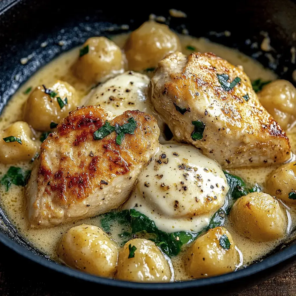 A close-up of a dish featuring two pieces of seared chicken with creamy sauce, accompanied by small potato gnocchi and garnished with parsley.