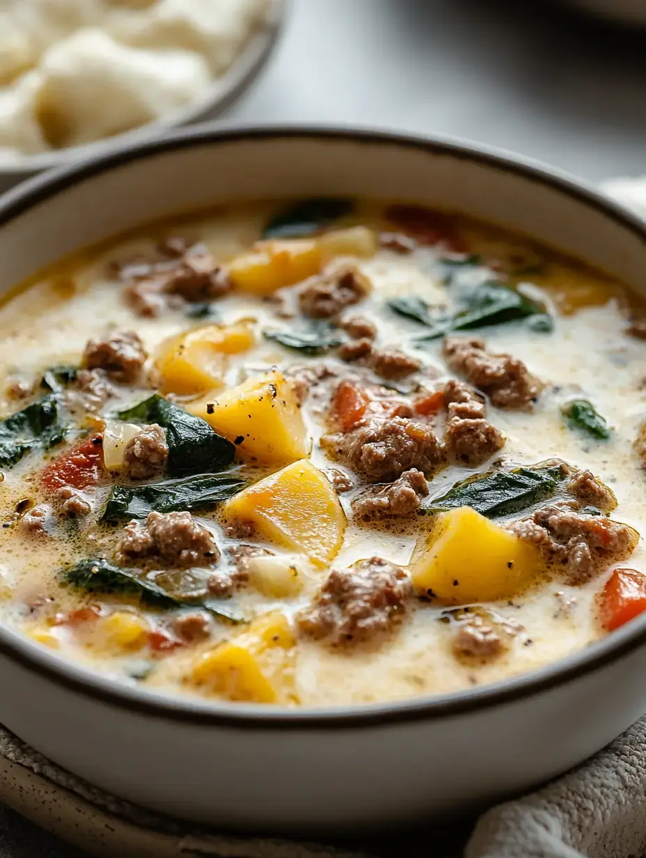 A creamy soup with ground meat, potatoes, spinach, and tomatoes served in a bowl.