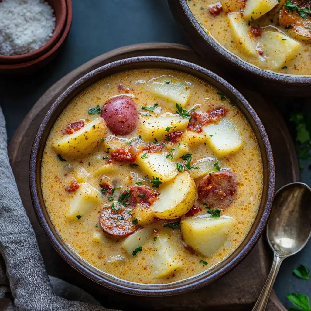 A close-up view of a hearty potato and sausage soup garnished with herbs, served in a dark bowl alongside a small dish of salt and a spoon.