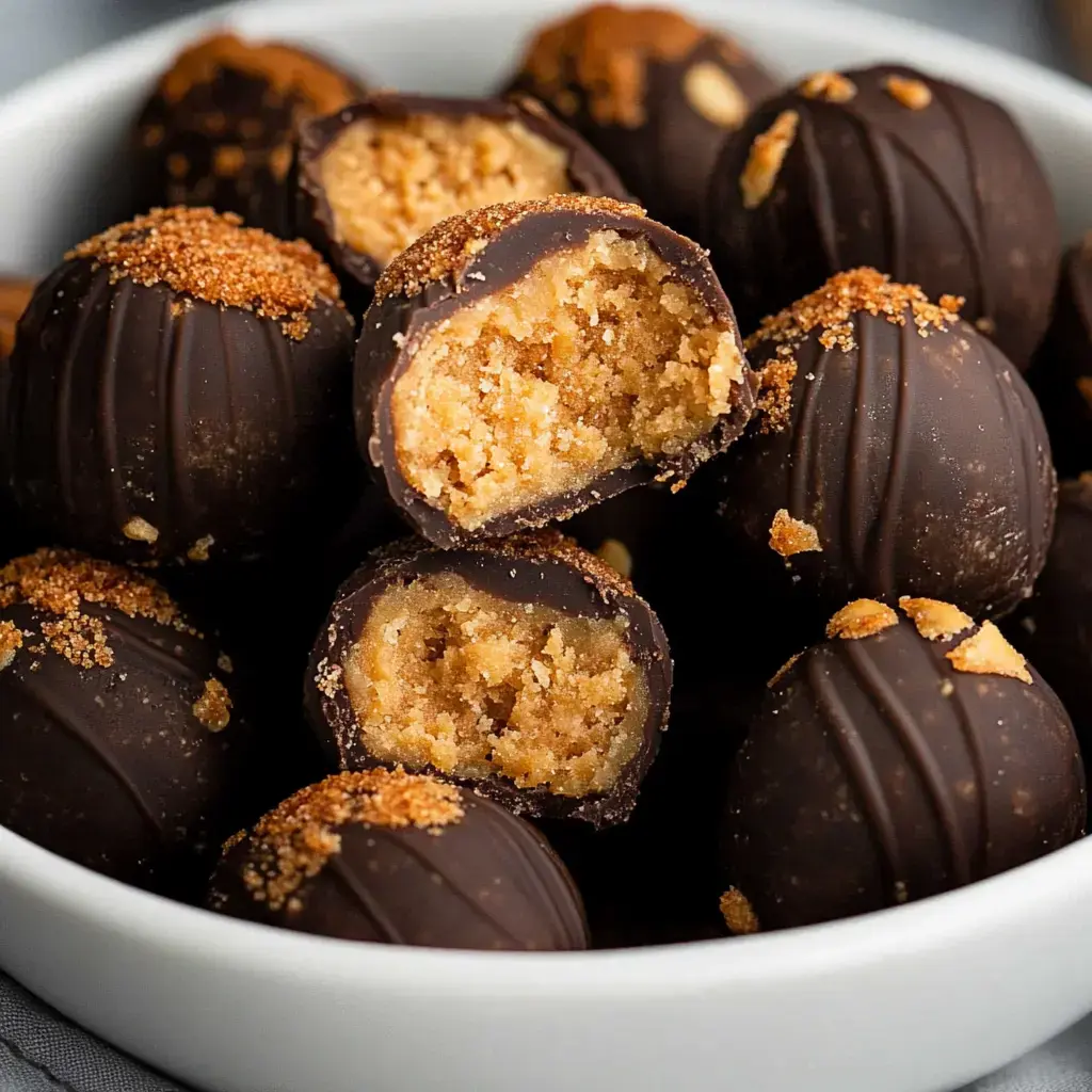 A close-up of chocolate-covered truffles with a crumbled filling, some of which are cut in half to reveal their interior.