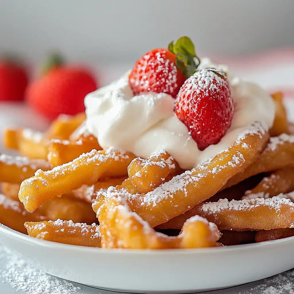 A close-up view of a plate of crispy fried funnel cake topped with whipped cream and fresh strawberries, dusted with powdered sugar.