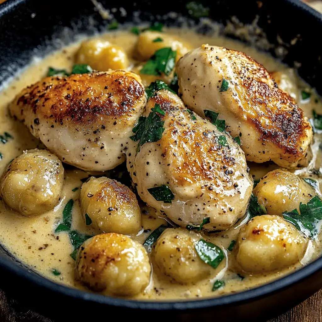 A close-up of a skillet containing sautéed chicken breast pieces and gnocchi in a creamy sauce, garnished with fresh parsley.