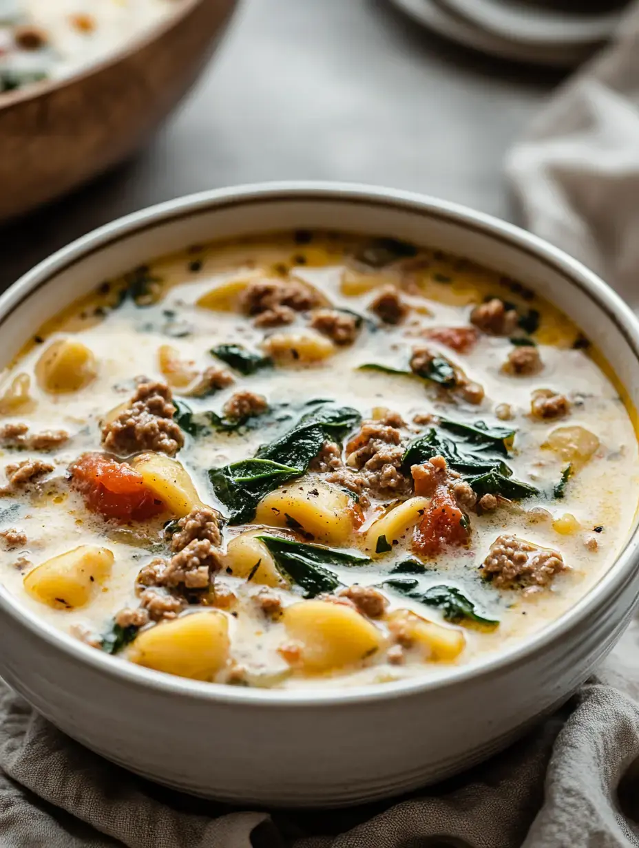 A close-up of a bowl of creamy soup containing potatoes, ground meat, spinach, and tomatoes.