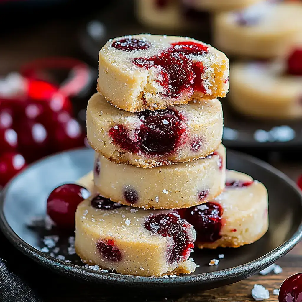 A stack of round cranberry cookies dusted with sugar on a dark plate.