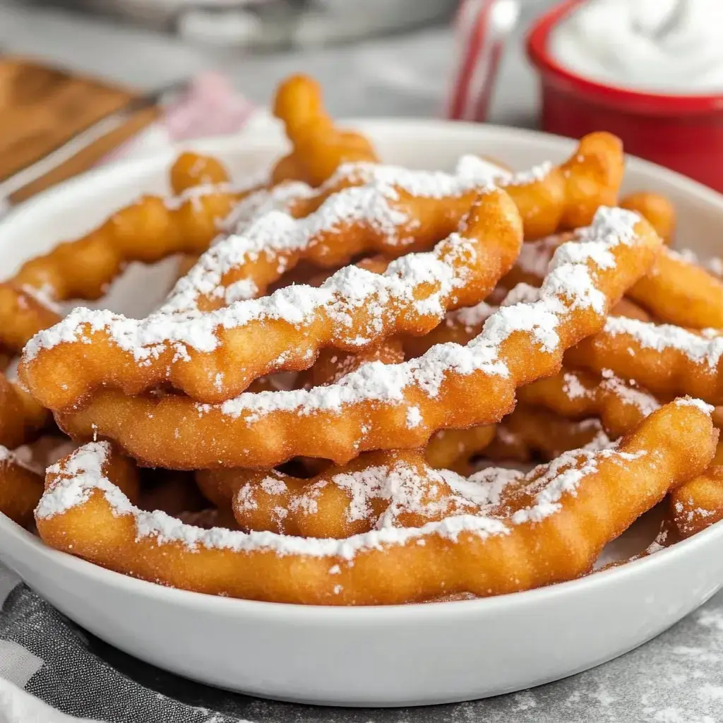 A white bowl filled with golden-brown funnel cake strips dusted with powdered sugar.