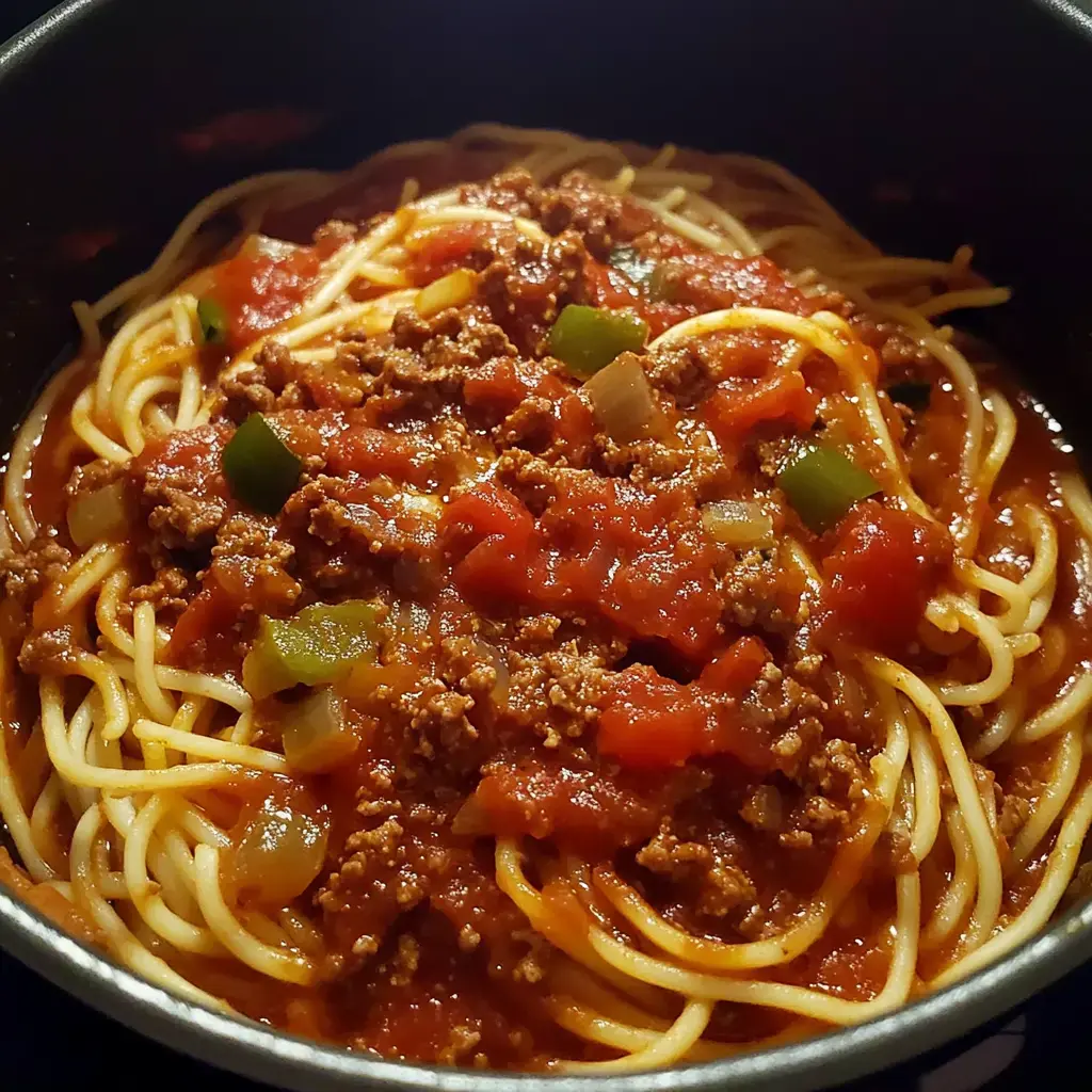 A serving of spaghetti topped with a rich meat and tomato sauce, garnished with green peppers and onions.