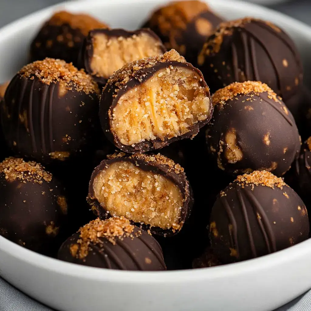 A close-up of chocolate-covered truffles filled with a creamy, crumbly filling and topped with sugar crystals, arranged in a white bowl.