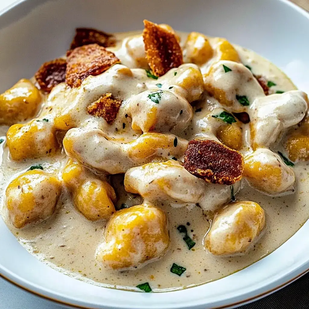 A bowl of creamy gnocchi topped with crispy pieces and garnished with herbs.