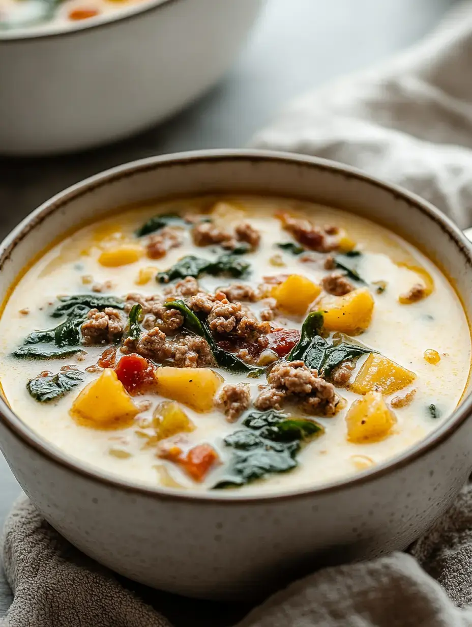 A creamy soup featuring ground meat, spinach, and diced vegetables served in a bowl.