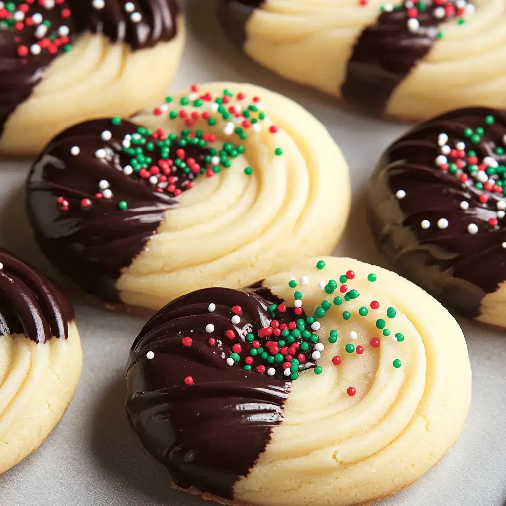 A close-up of festive cookies featuring a swirl of yellow dough topped with half-dipped chocolate and colorful sprinkles in red, green, and white.