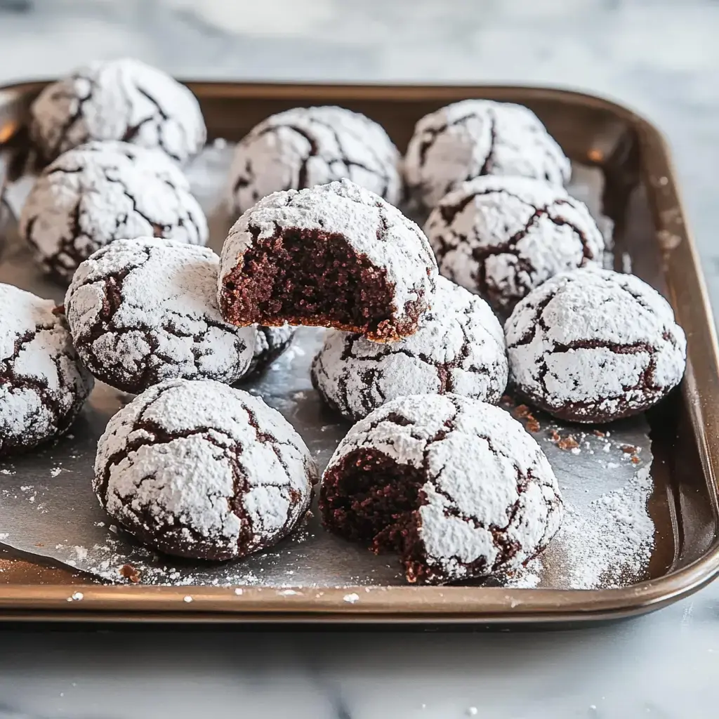 A tray of chocolate crinkle cookies dusted with powdered sugar, with one cookie partially bitten.