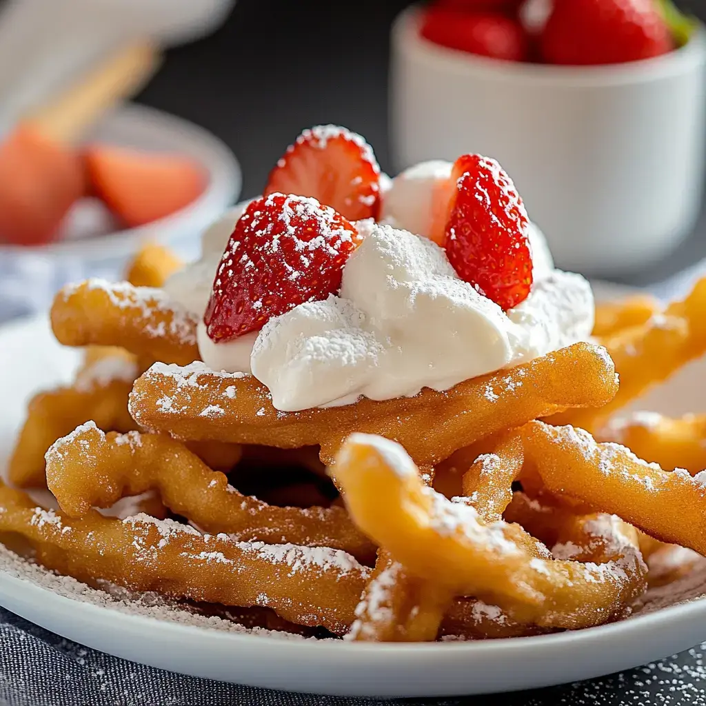 A plate of funnel cake topped with whipped cream and fresh strawberries, dusted with powdered sugar.