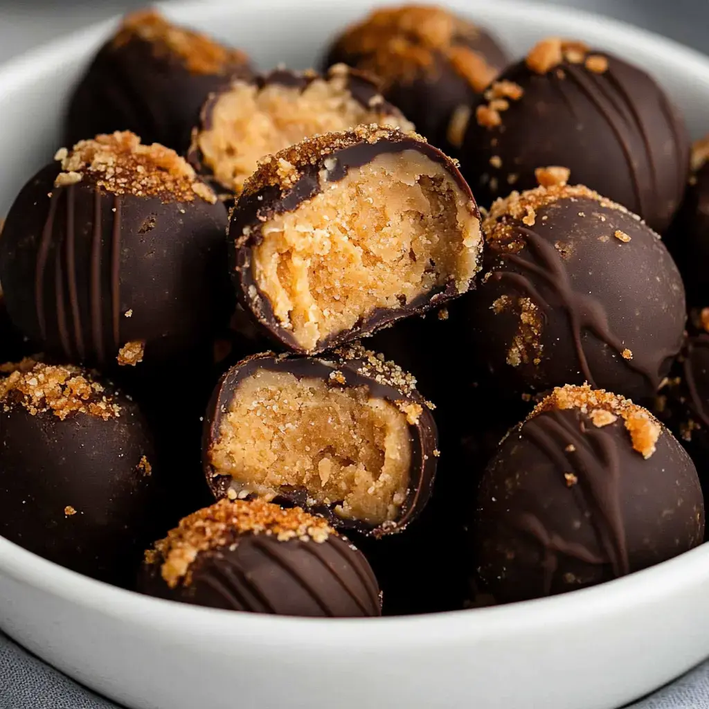 A bowl of chocolate-coated peanut butter balls, some of which are cut in half to reveal their creamy, textured filling.