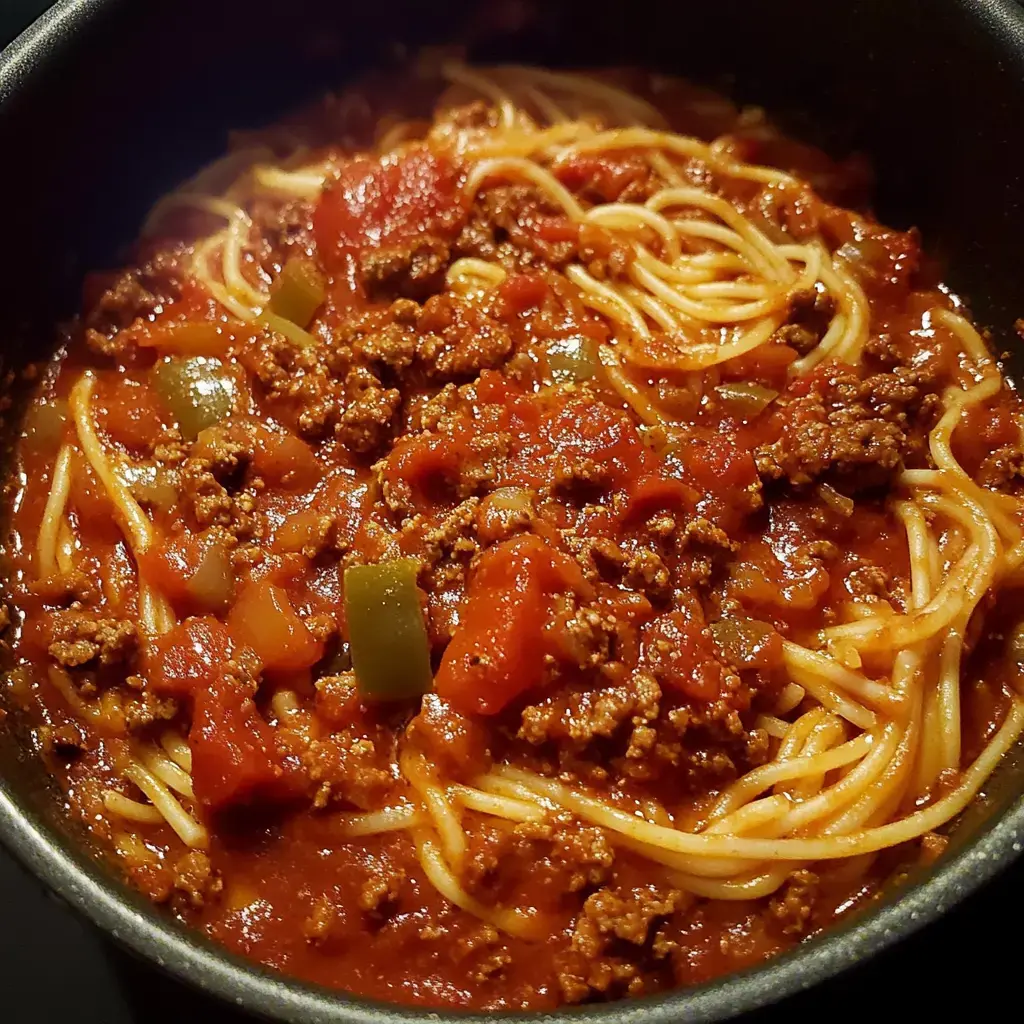 A pot of spaghetti topped with ground meat and a tomato-based sauce featuring diced tomatoes and green peppers.