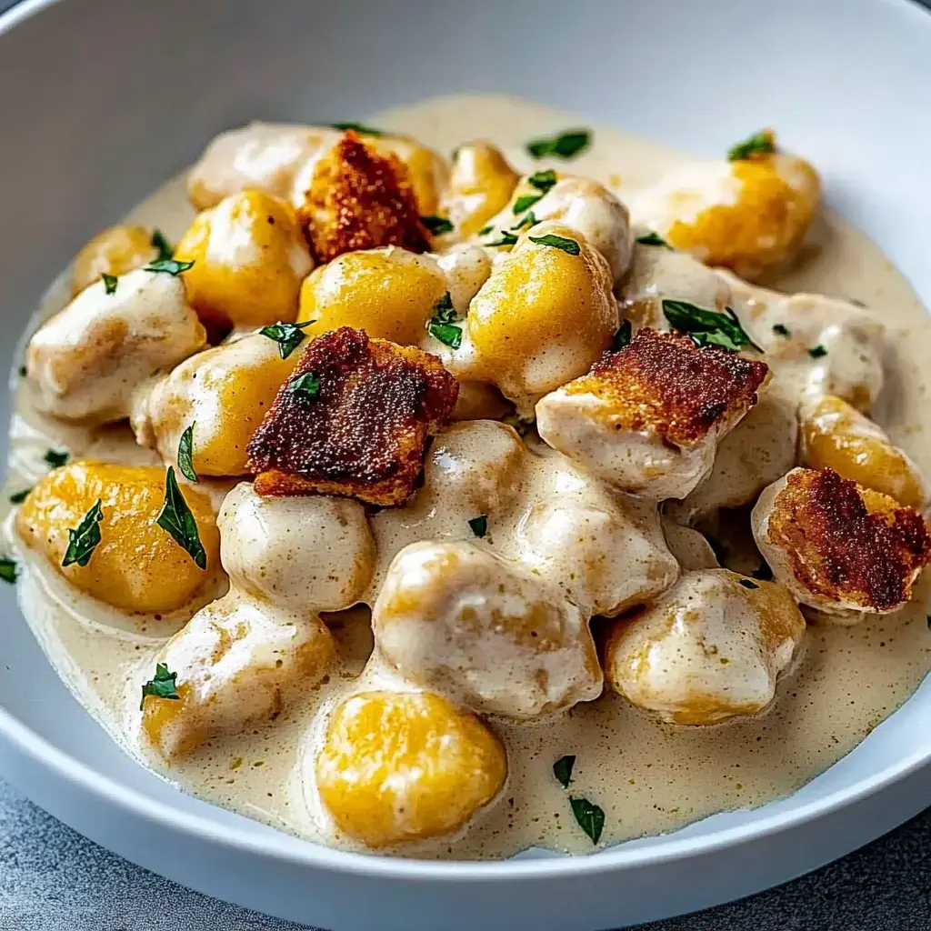 A bowl of creamy gnocchi topped with crispy pieces of pork and garnished with fresh parsley.