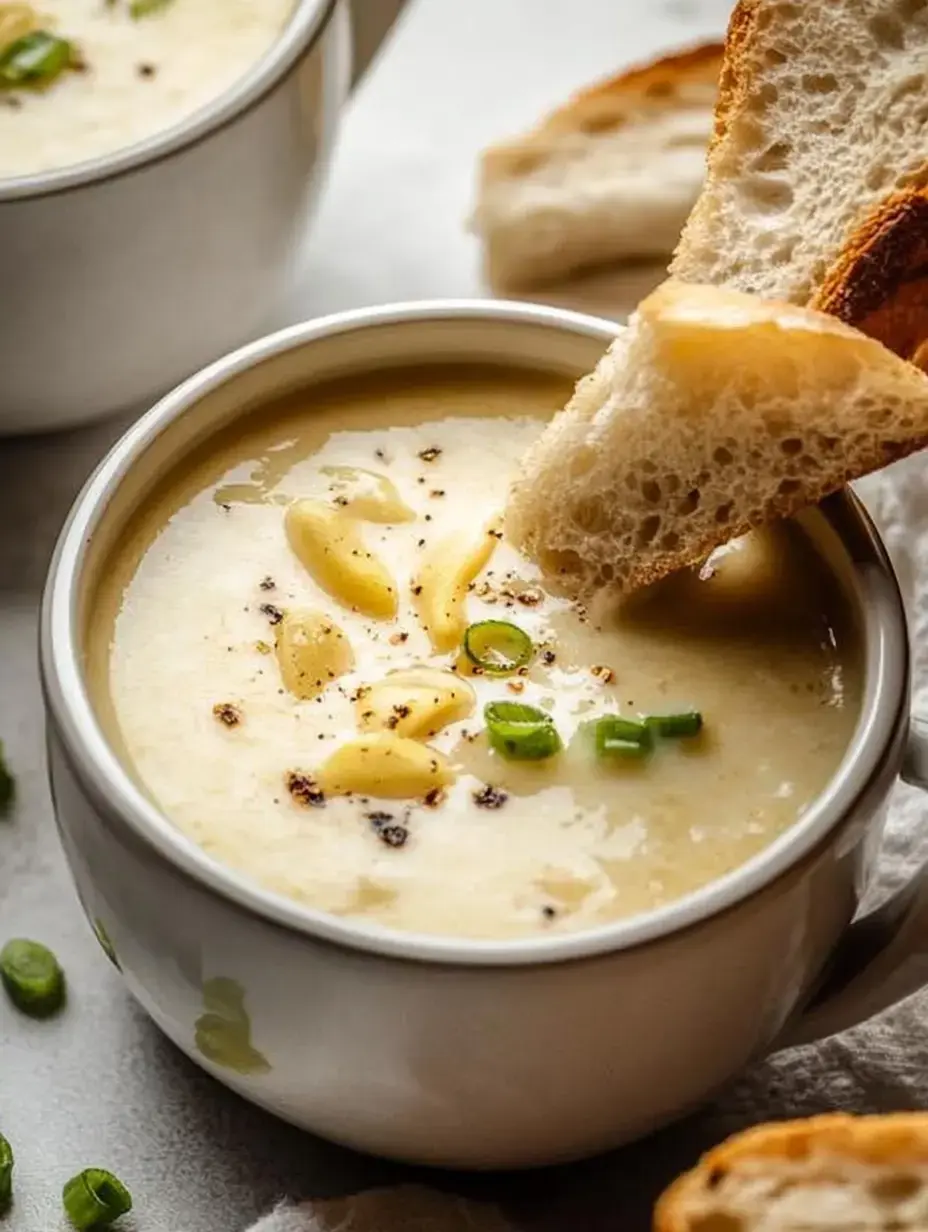 A bowl of creamy soup topped with green onions and pine nuts, with a piece of toasted bread being dipped into it.