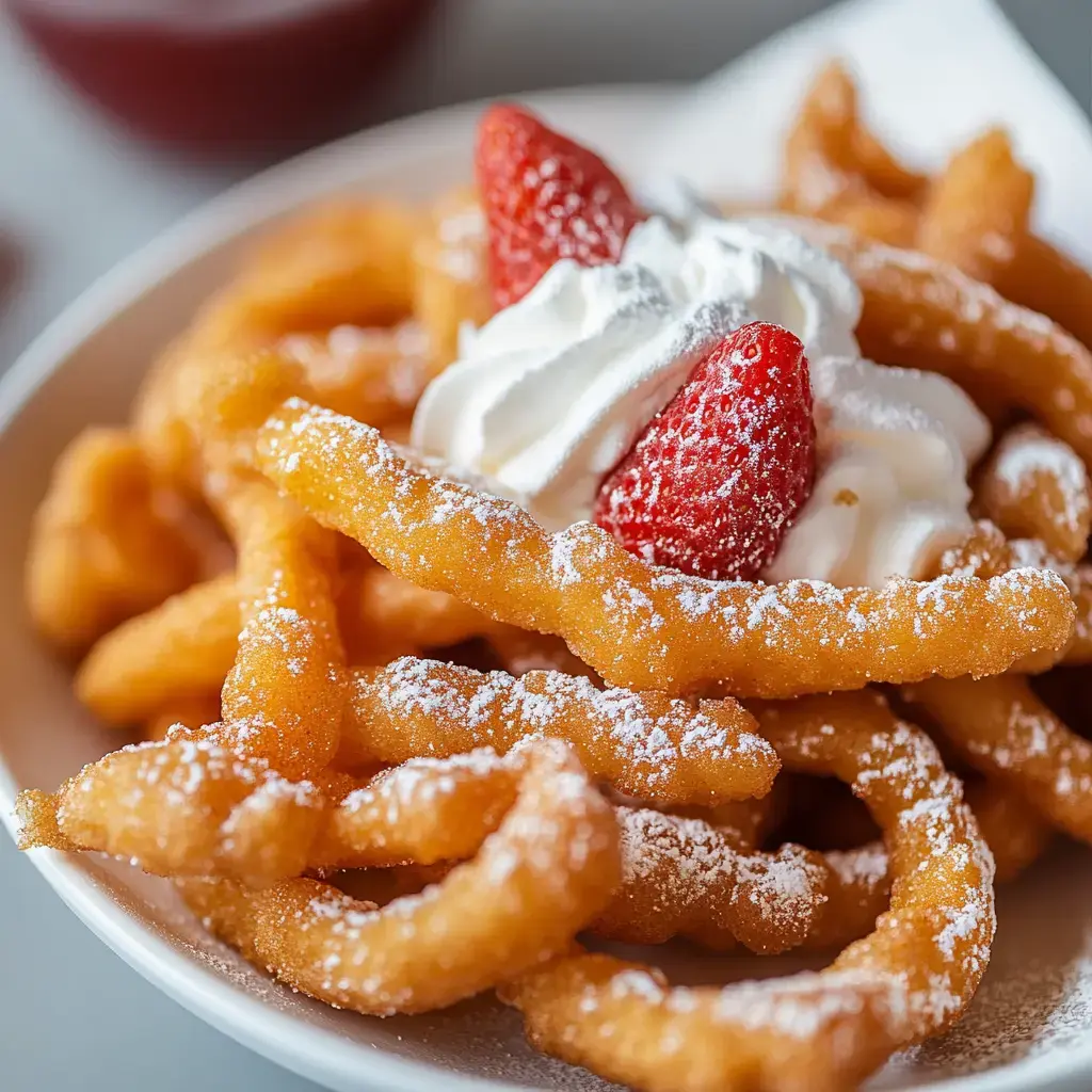 A close-up view of a plate of funnel cake topped with whipped cream and strawberries, dusted with powdered sugar.