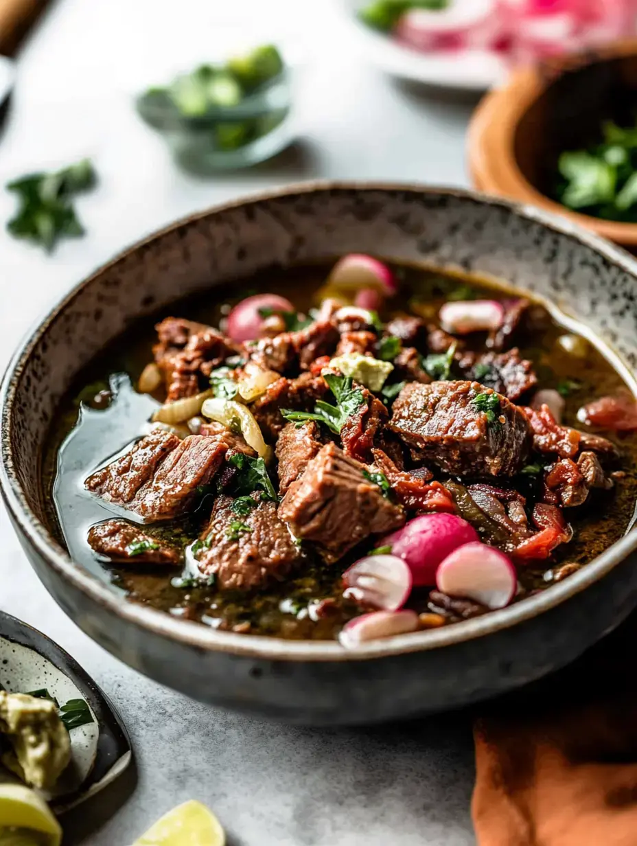 A bowl of savory meat stew garnished with radishes and herbs, surrounded by lime wedges and additional ingredients.