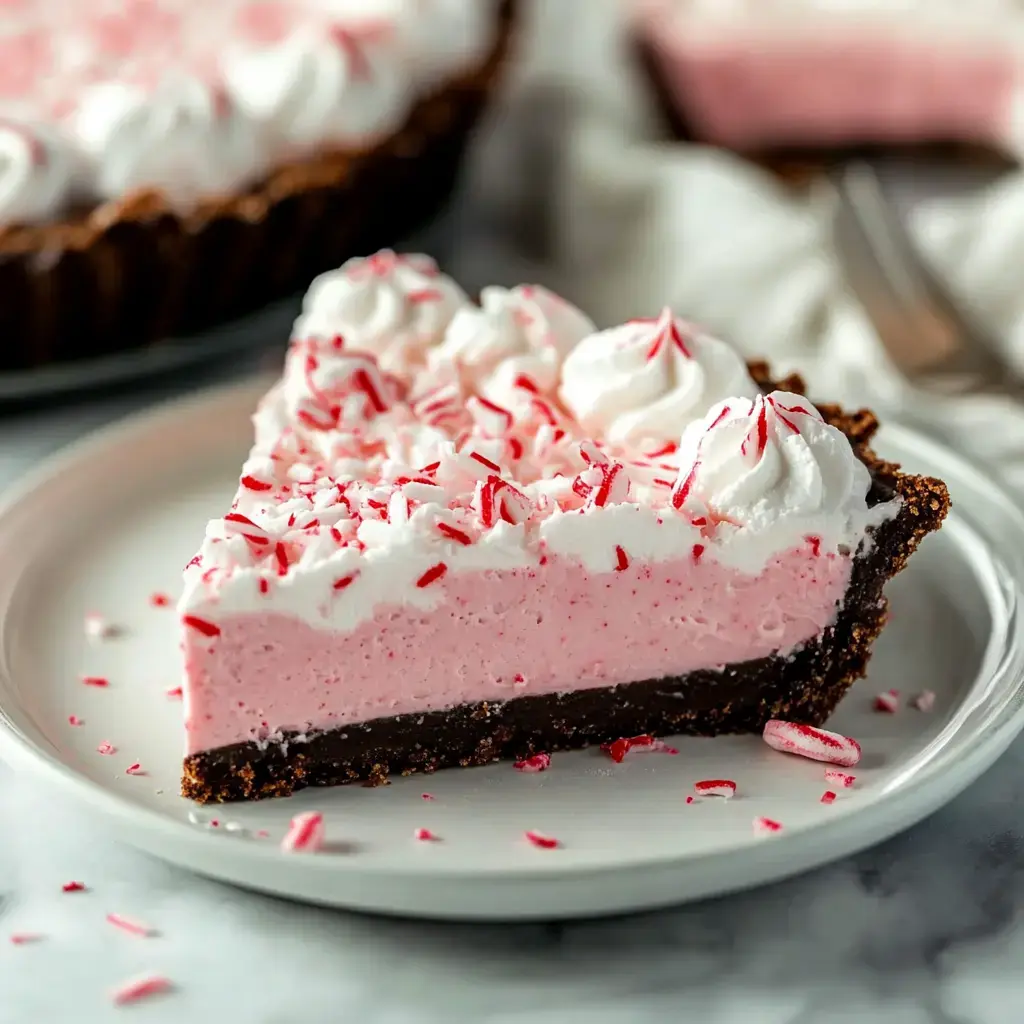 A slice of pink peppermint pie topped with whipped cream and crushed candy canes on a white plate.